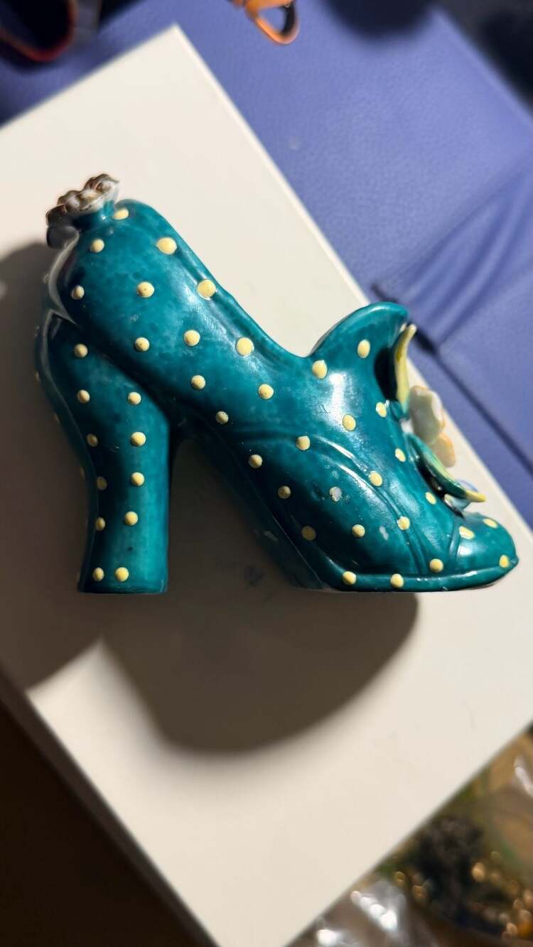 Vintage Ceramic High Heel Shoe Figurine with Polka Dots and Applied Flowers
